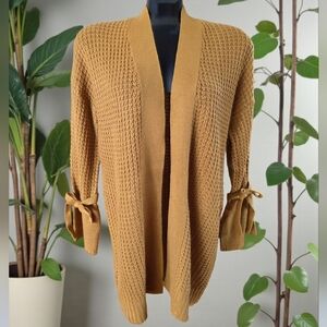 Women's Caramel Open-Front Cardigan Sweater With Bell Sleeves & Wrist Ties
